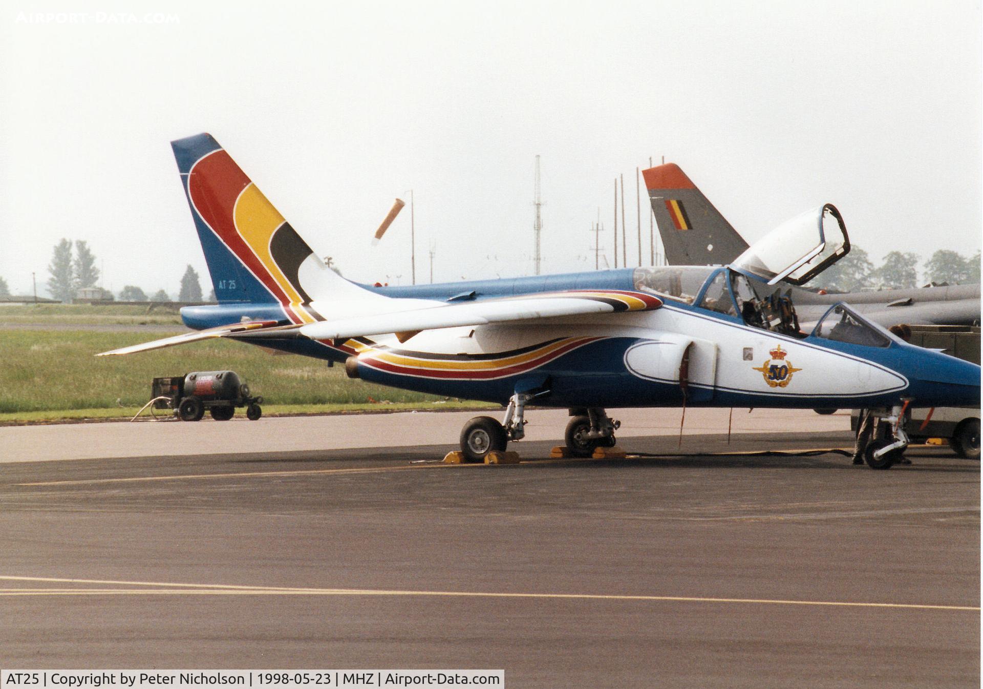 AT25, Dassault-Dornier Alpha Jet 1B C/N B25/1110, Alpha Jet of 1 Wing Belgian Air Force weaing 50th Anniversary markings on the flight-line at the 1998 RAF Mildenhall Air Fete.