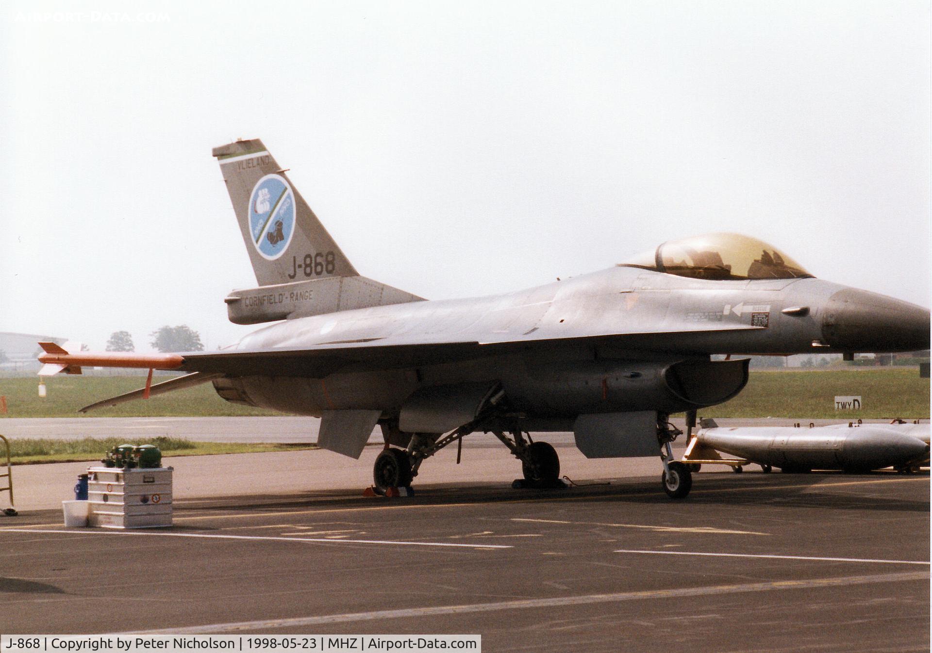 J-868, Fokker F-16A Fighting Falcon C/N 6D-85, F-16A Falcon of 323 Squadron Royal Netherlands Air Force at Leeuwarden on the flight-line at the 1998 RAF Mildenhall Air Fete.  The markings celebrate the 50th anniversary of the Cornfield Range.