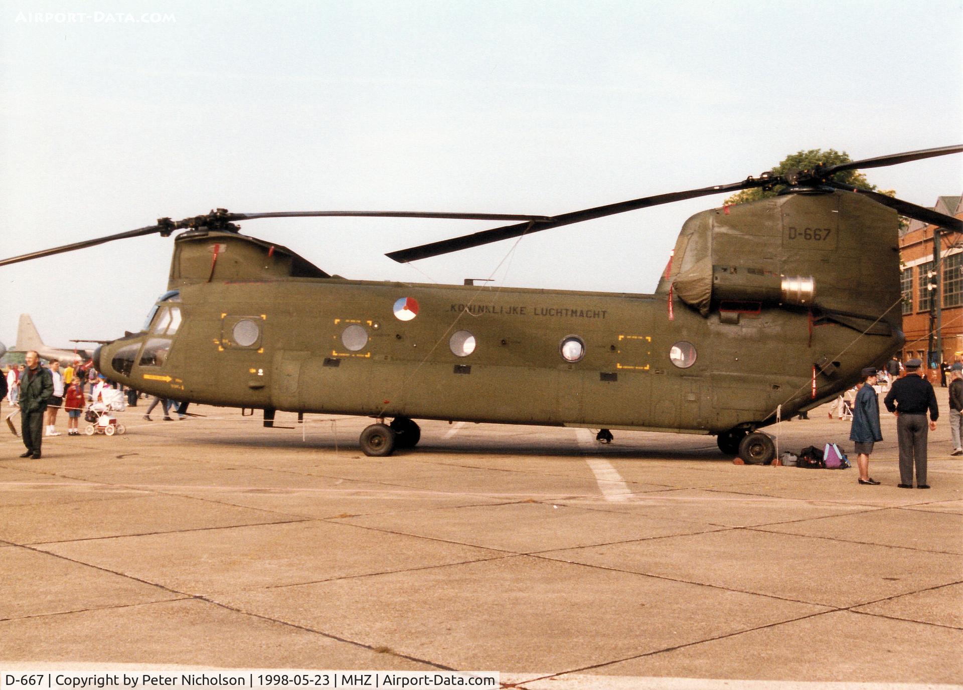 D-667, Boeing CH-47D Chinook C/N M.3667/NL-007, CH-47D Chinook of 298 Squadron Royal Netherlands Air Force on display at the 1998 RAF Mildenhall Air Fete.