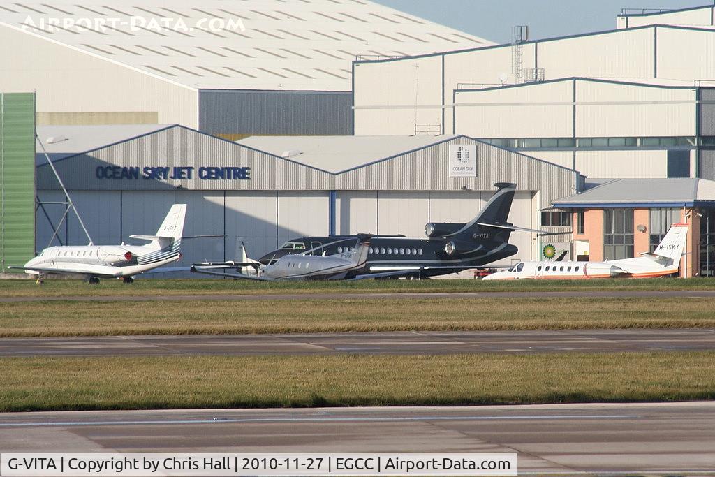 G-VITA, 2010 Dassault Falcon 7X C/N 105, Casanova Air Falcon 7X on the Ocean Sky ramp along with (from L to R) M-ISLE, M-OPAL and M-ISKY