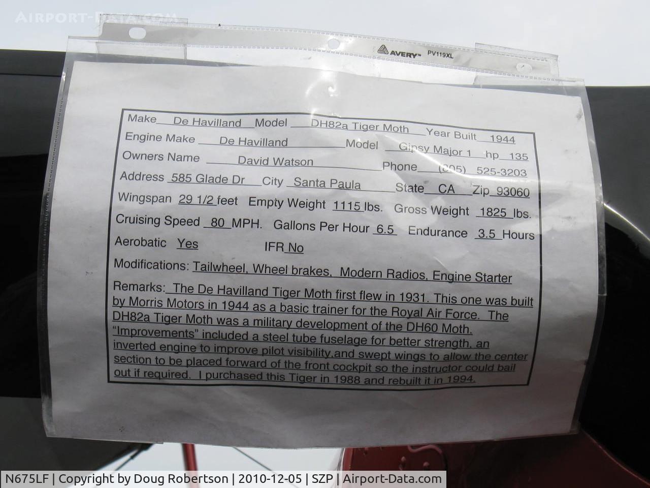 N675LF, 1944 De Havilland DH-82A Tiger Moth II C/N 86572, 1944 DeHavilland DH82A TIGER MOTH, DeHavilland Gipsy Major I 4 cylinder inverted in-line 135 Hp, updated data