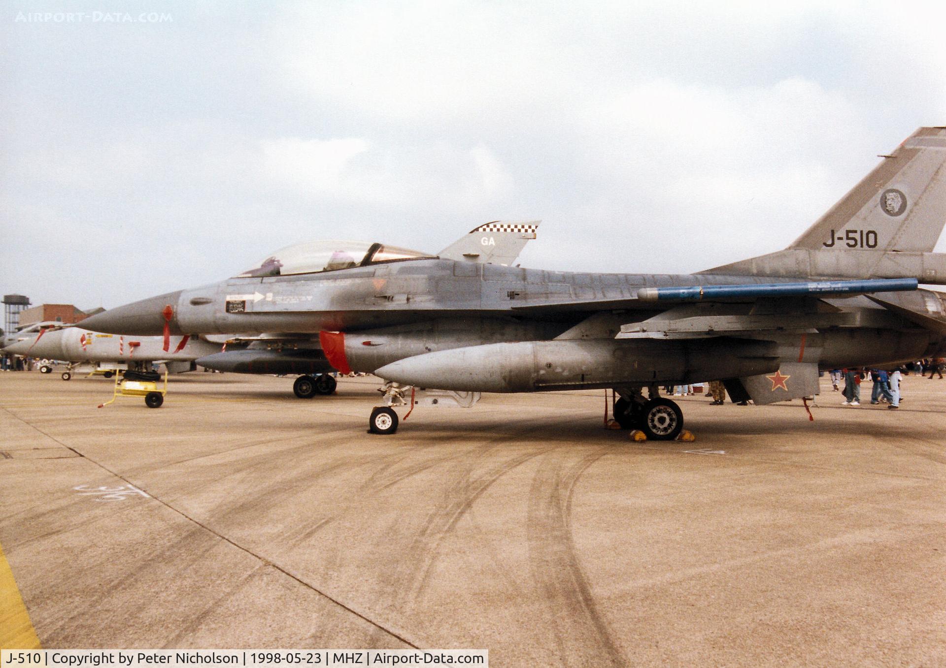 J-510, 1987 Fokker F-16AM Fighting Falcon C/N 6D-149, F-16A Falcon of 315 Squadron Royal Netherlands Air Force at Twenthe on display at the 1998 RAF Mildenhall Air Fete.