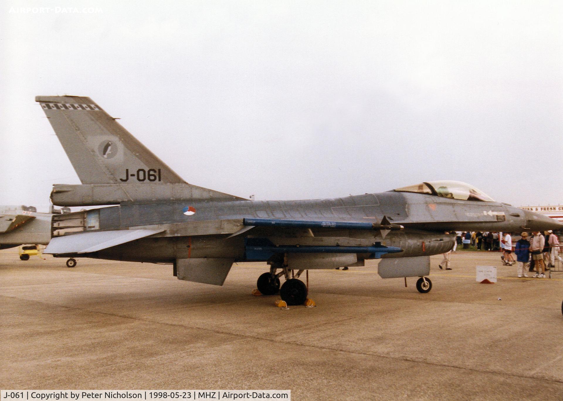 J-061, Fokker F-16AM Fighting Falcon C/N 6D-144, F-16A Falcon of 322 Squadron Royal Netherlands Air Force at Leeuwarden on display at the 1998 RAF Mildenhall Air Fete.