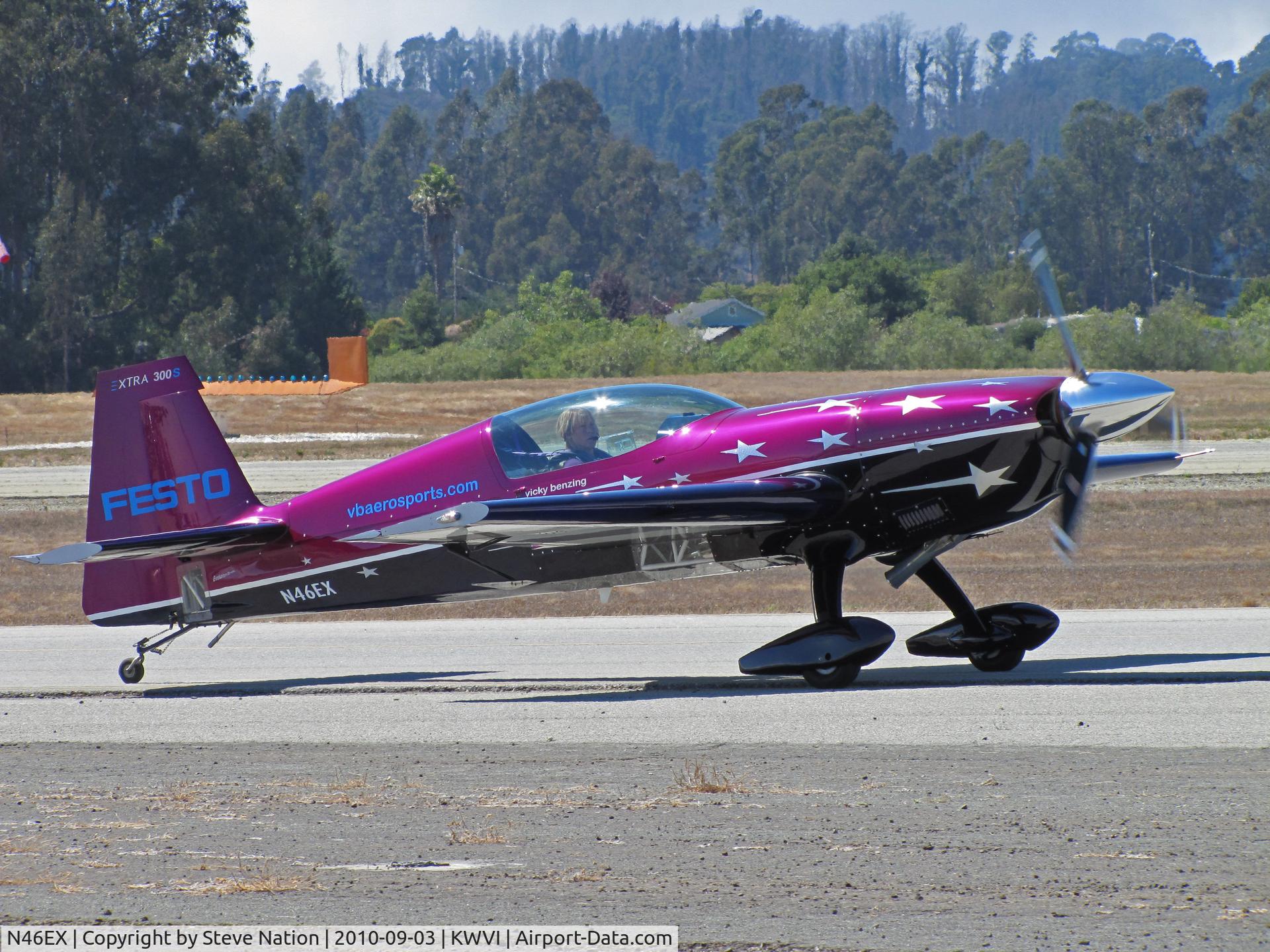 N46EX, 1993 Extra EA-300S C/N 014, Vicki Benzing arriving in her 1993 Extra EA-300/S FESTO  @ 2010 Watsonville Fly-in