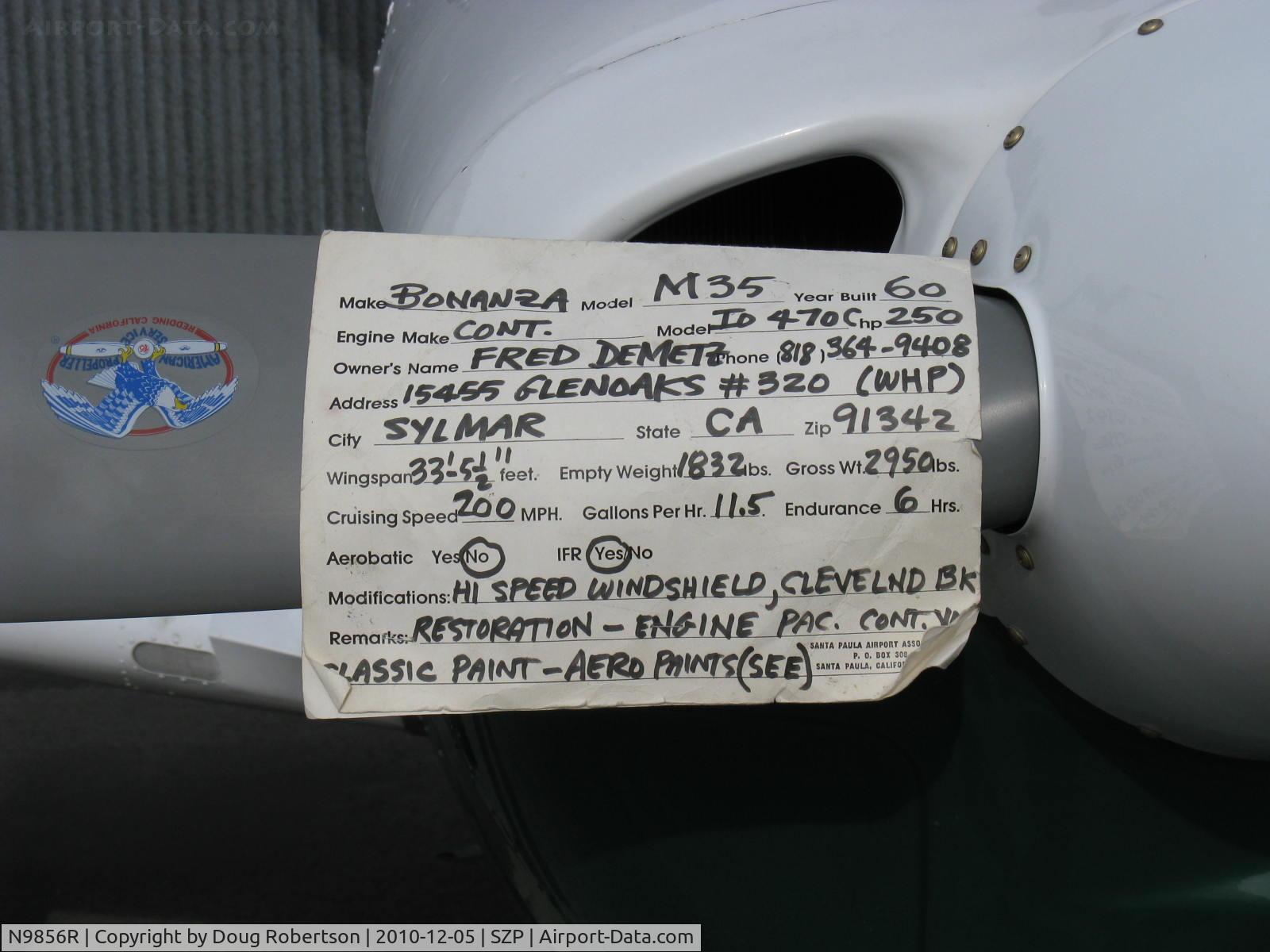 N9856R, 1960 Beech M35 Bonanza C/N D-6398, 1960 Beech M35 BONANZA, Continental IO-470-C 250 Hp, data