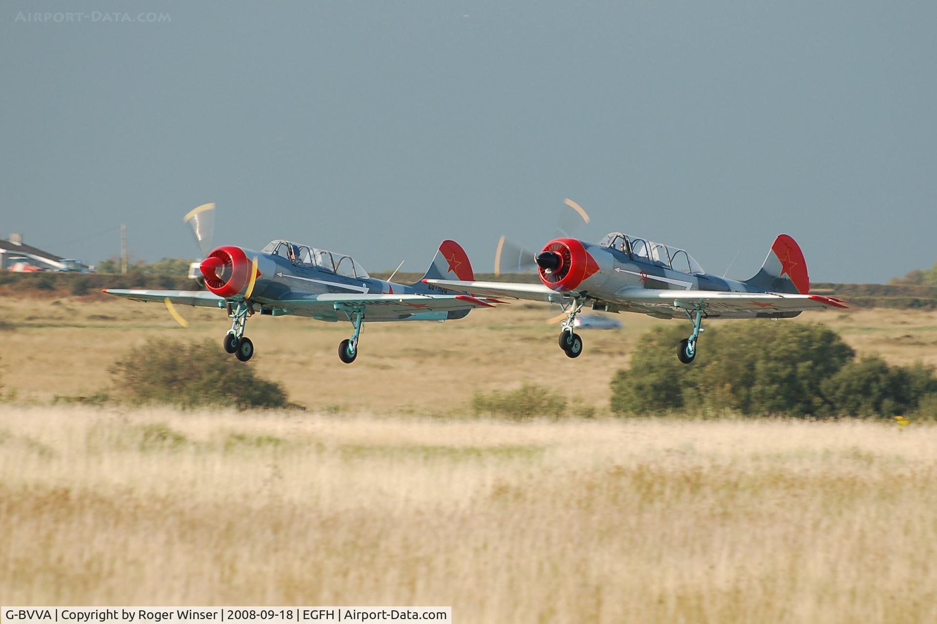 G-BVVA, 1987 Bacau Yak-52 C/N 877610, Formation take off with ZU-HOG (G-HOGZ from 26/11/2008)