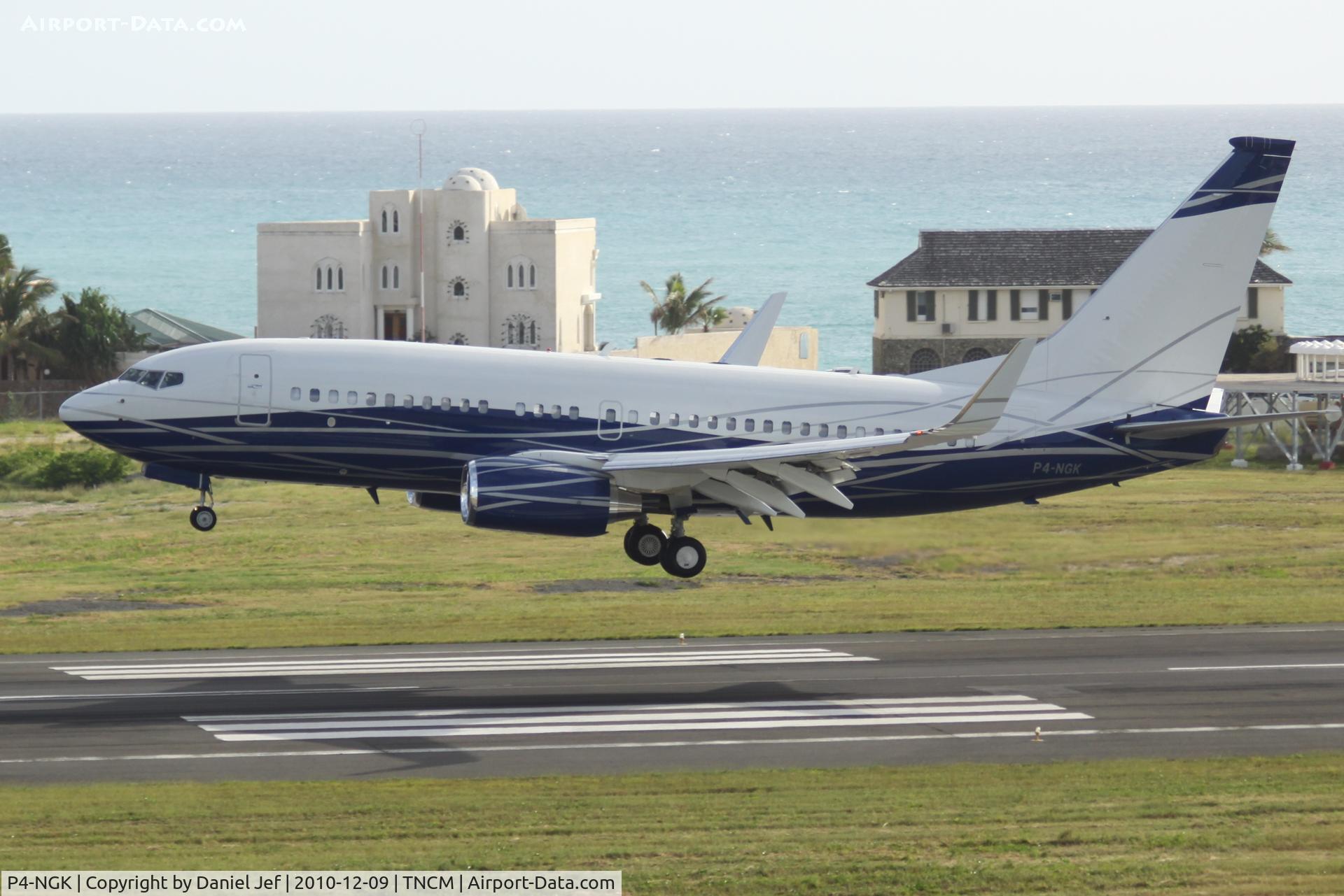 P4-NGK, 2010 Boeing 737-7HZ C/N 37583, P4-NGK landing at TNCM