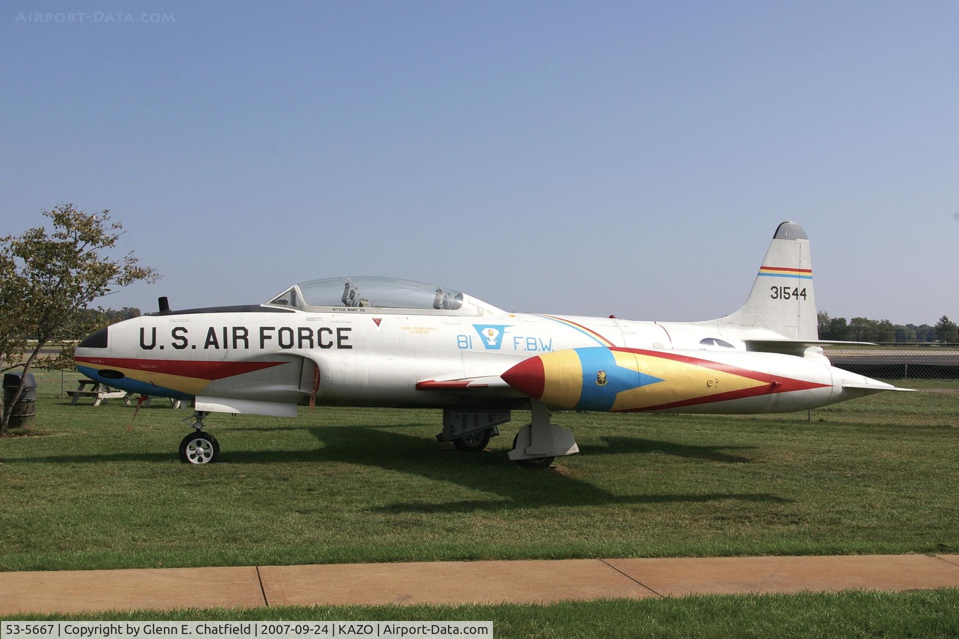 53-5667, 1953 Lockheed T-33B Shooting Star C/N 580-9006, This was also with the Navy as TV-2 BuNo. 138090.  Displayed at the Aviation History Museum, AKA Air Zoo