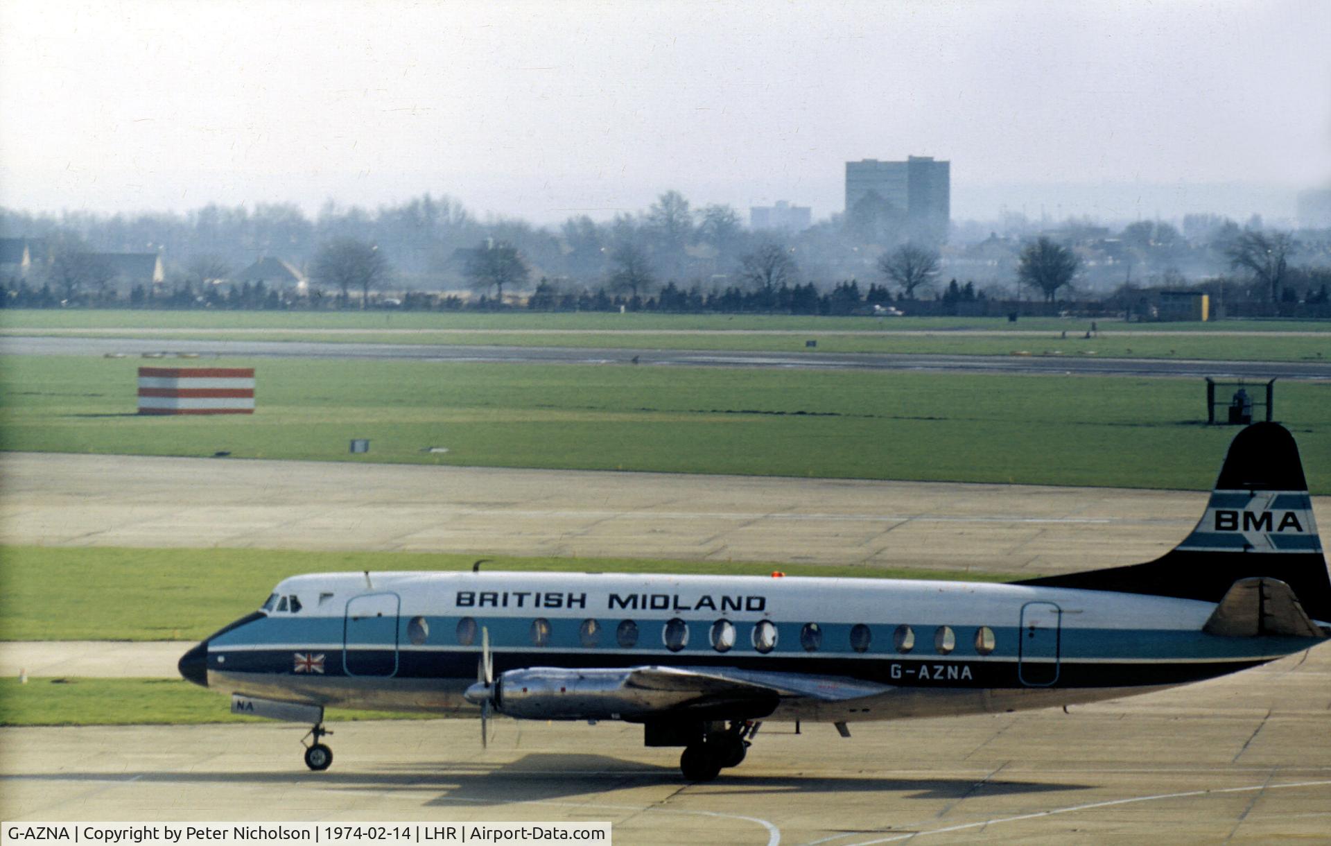 G-AZNA, 1958 Vickers Viscount 813 C/N 350, Viscount 813 of British Midland Airways taxying to the terminal at Heathrow in February 1974.