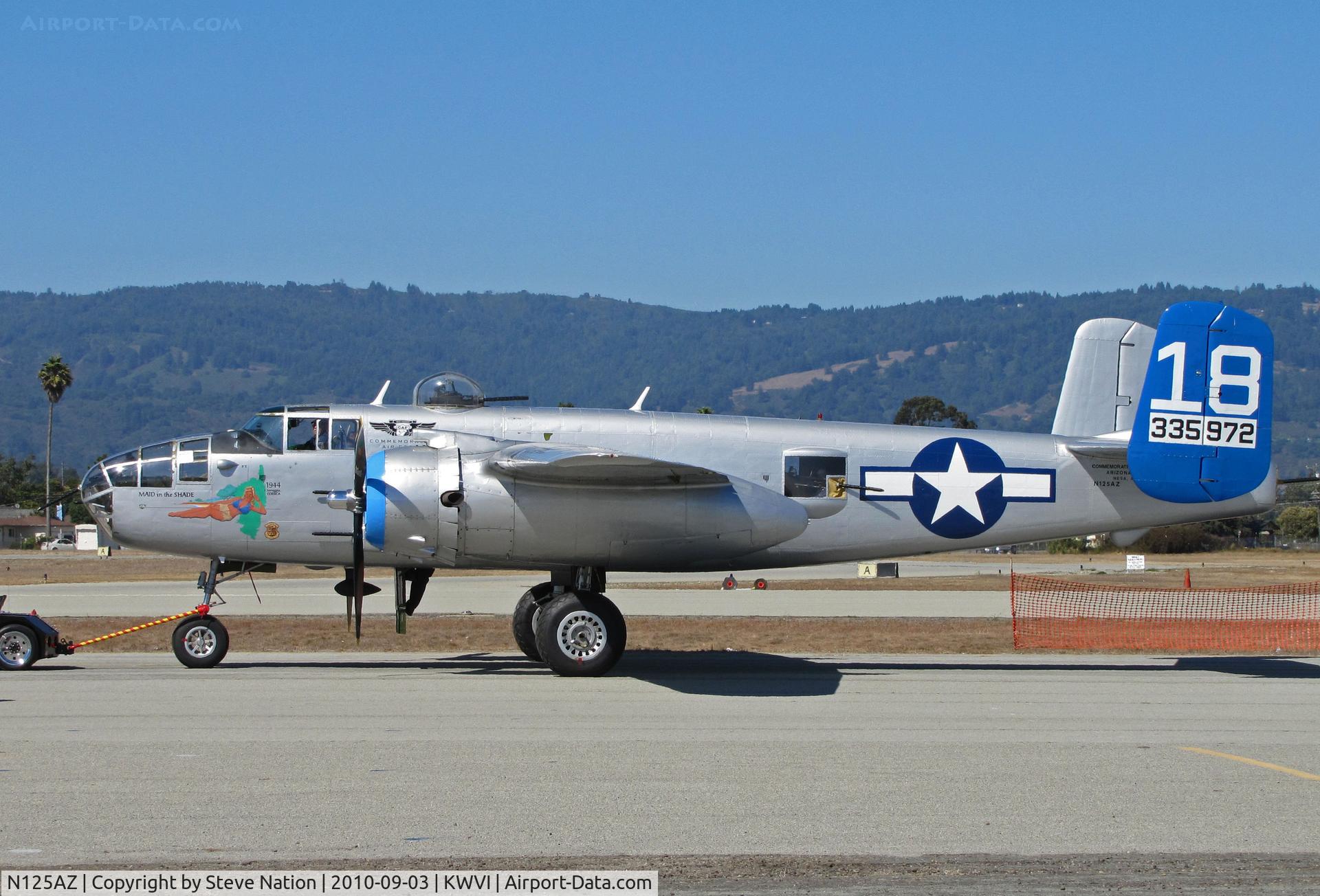 N125AZ, 1960 North American TB-25N Mitchell C/N 108-35262, Commemorative Air Force Arizona Wing TB-25N 43-35972 blue tail #18 'Maid in the Shade' nose art being towed @ 2010 Watsonville Fly-in