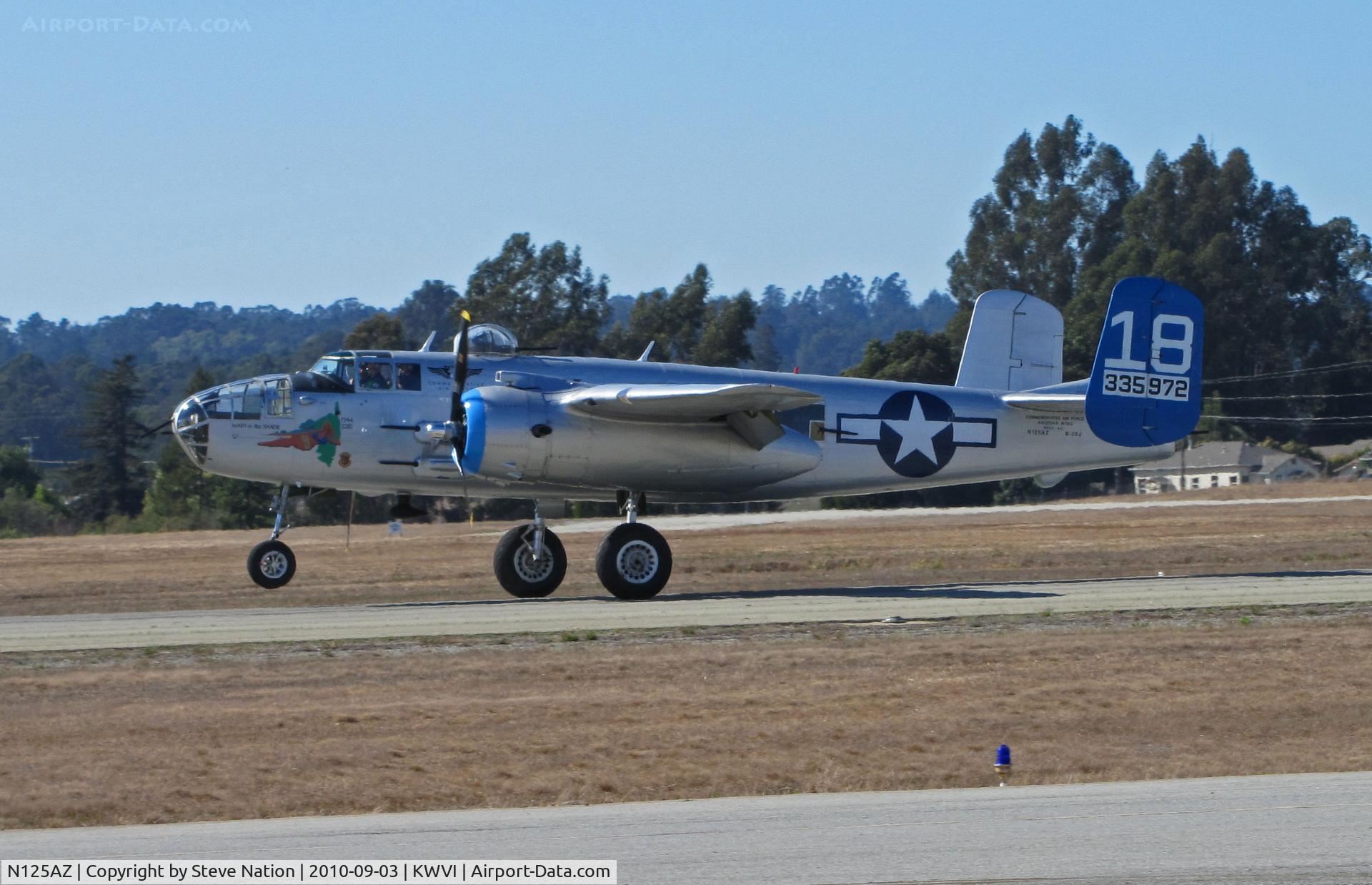 N125AZ, 1960 North American TB-25N Mitchell C/N 108-35262, Commemorative Air Force Arizona Wing TB-25N 43-35972 blue tail #18 'Maid in the Shade' nose art touches down after demo flight @ 2010 Watsonville Fly-in