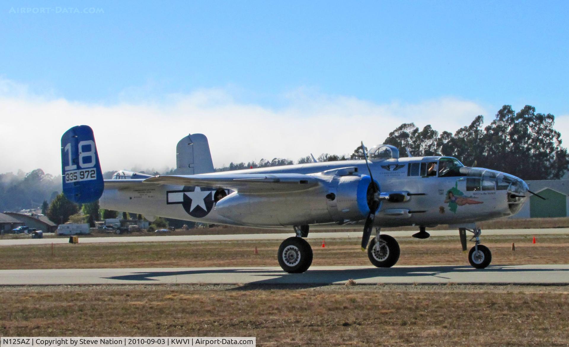 N125AZ, 1960 North American TB-25N Mitchell C/N 108-35262, Commemorative Air Force Arizona Wing TB-25N 43-35972 blue tail #18 'Maid in the Shade' nose art taxis back to ramp after demo flight @ 2010 Watsonville Fly-in