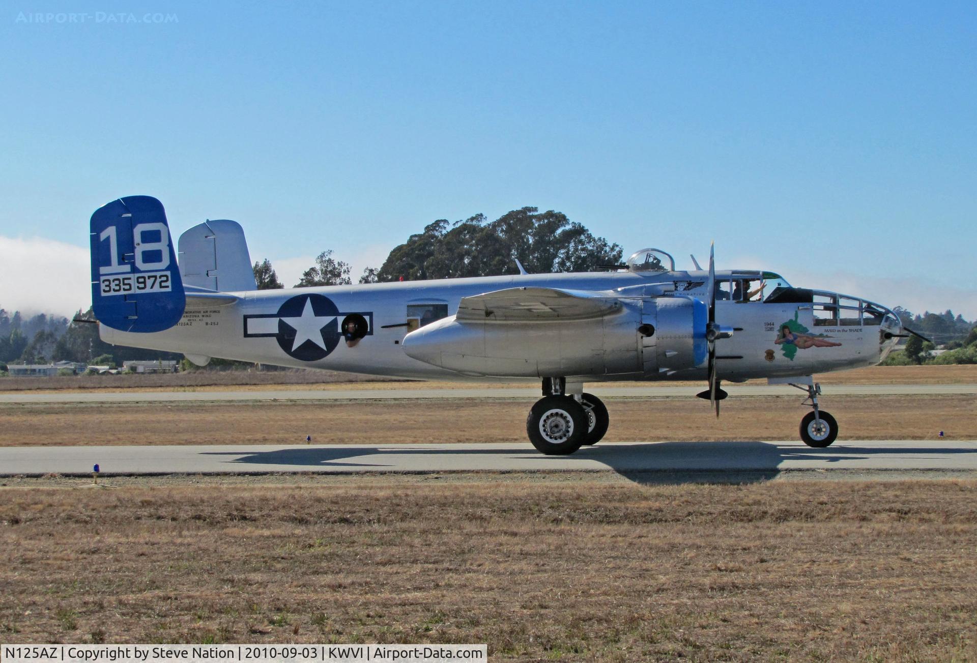 N125AZ, 1960 North American TB-25N Mitchell C/N 108-35262, Commemorative Air Force Arizona Wing TB-25N 43-35972 blue tail #18 'Maid in the Shade' nose art taxis back to ramp after demo flight @ 2010 Watsonville Fly-in