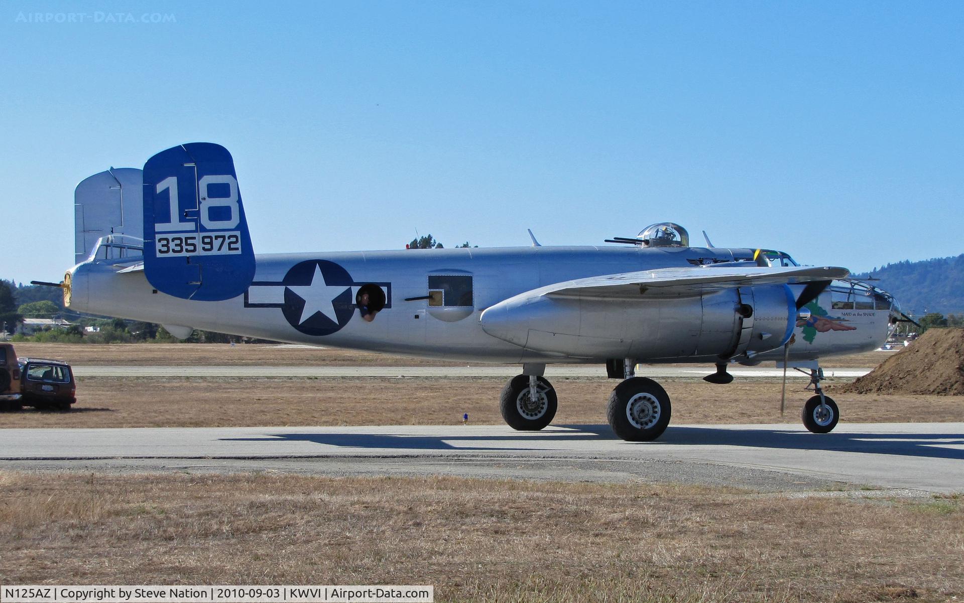 N125AZ, 1960 North American TB-25N Mitchell C/N 108-35262, Commemorative Air Force Arizona Wing TB-25N 43-35972 blue tail #18 'Maid in the Shade' nose art taxis back to ramp after demo flight @ 2010 Watsonville Fly-in