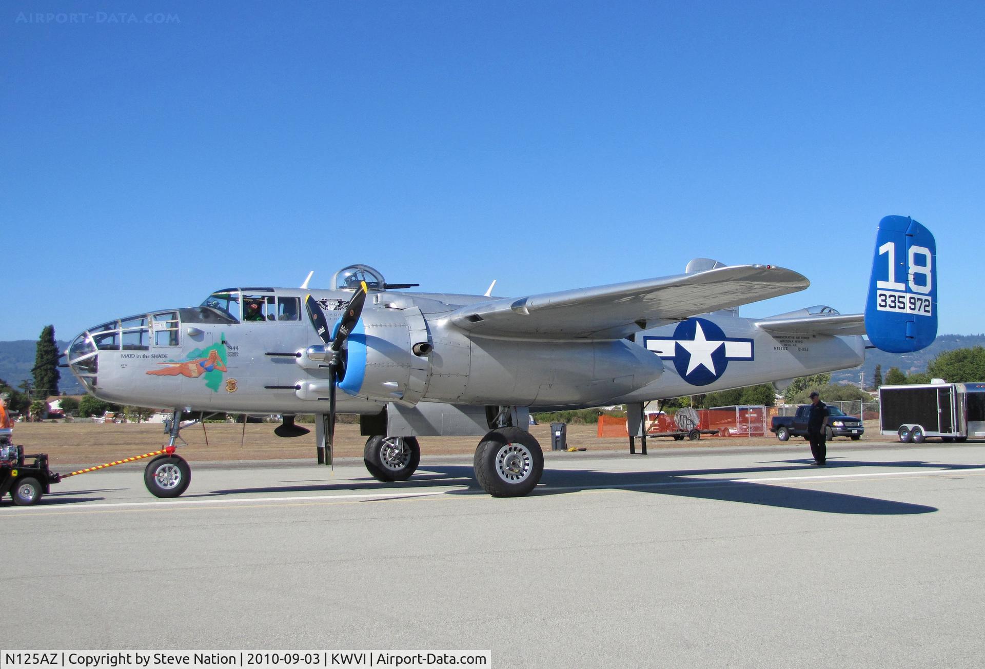 N125AZ, 1960 North American TB-25N Mitchell C/N 108-35262, Commemorative Air Force Arizona Wing TB-25N 43-35972 blue tail #18 'Maid in the Shade' nose art being pushed back to display parking after demo flight @ 2010 Watsonville Fly-in