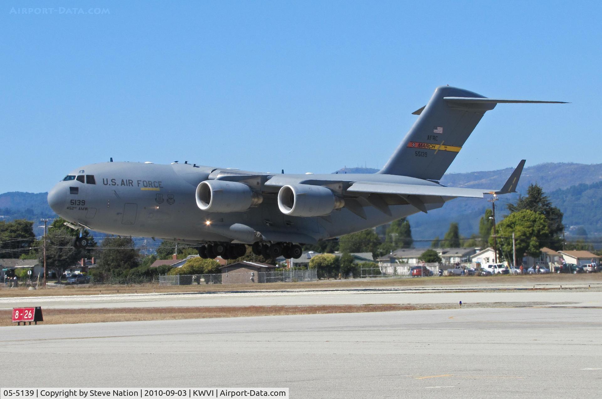 05-5139, Boeing C-17A Globemaster III C/N P-139, AFRC 452nd AMW C-17A from March AFB on final approach @ 2010 Watsonville Fly-in