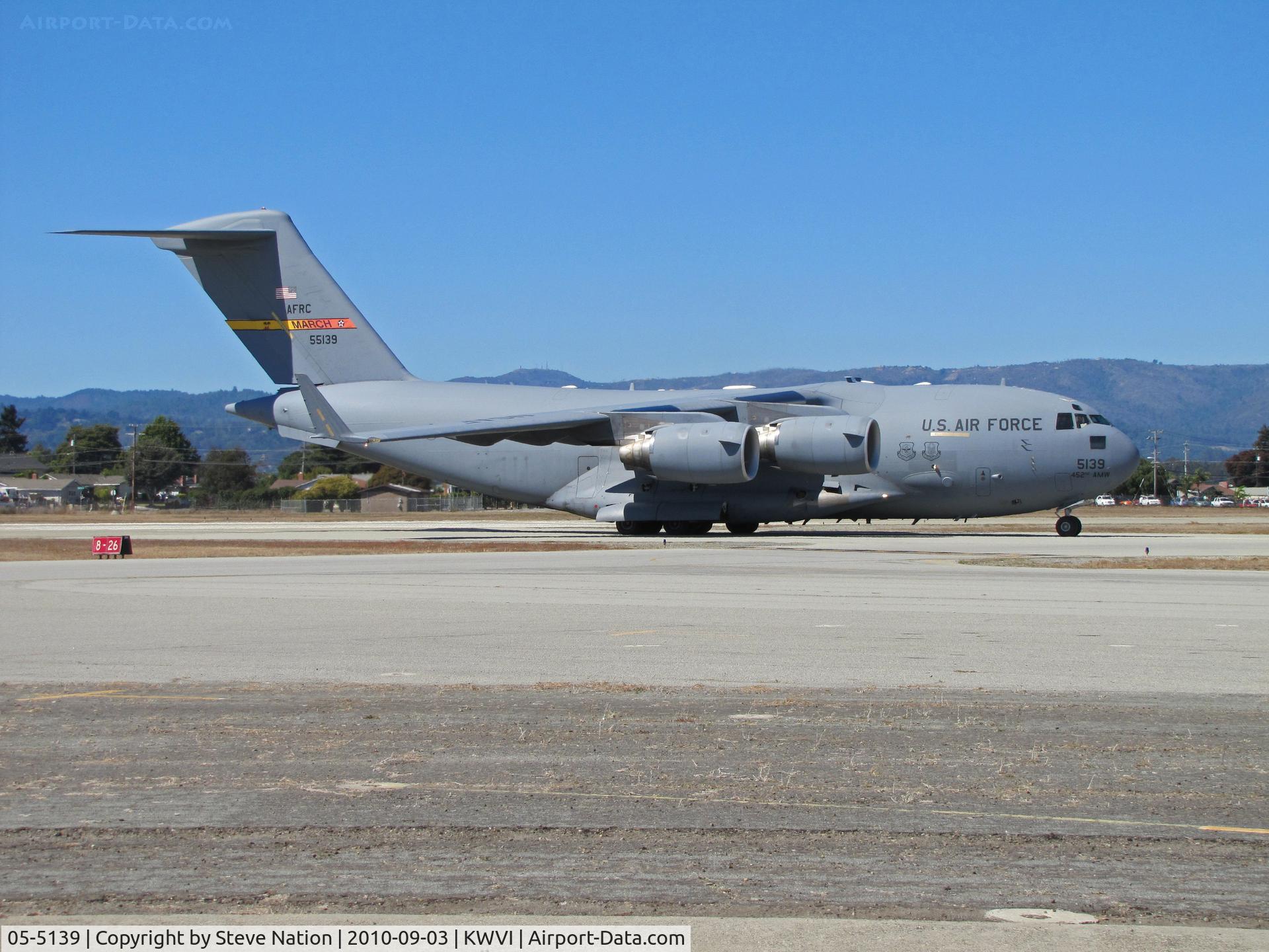 05-5139, Boeing C-17A Globemaster III C/N P-139, AFRC 452nd AMW C-17A from March AFB taxiing to military display ramp @ 2010 Watsonville Fly-in
