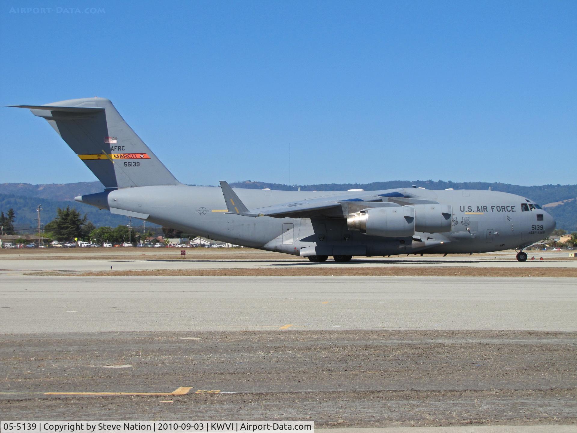 05-5139, Boeing C-17A Globemaster III C/N P-139, AFRC 452nd AMW C-17A from March AFB taxiing to military display ramp @ 2010 Watsonville Fly-in