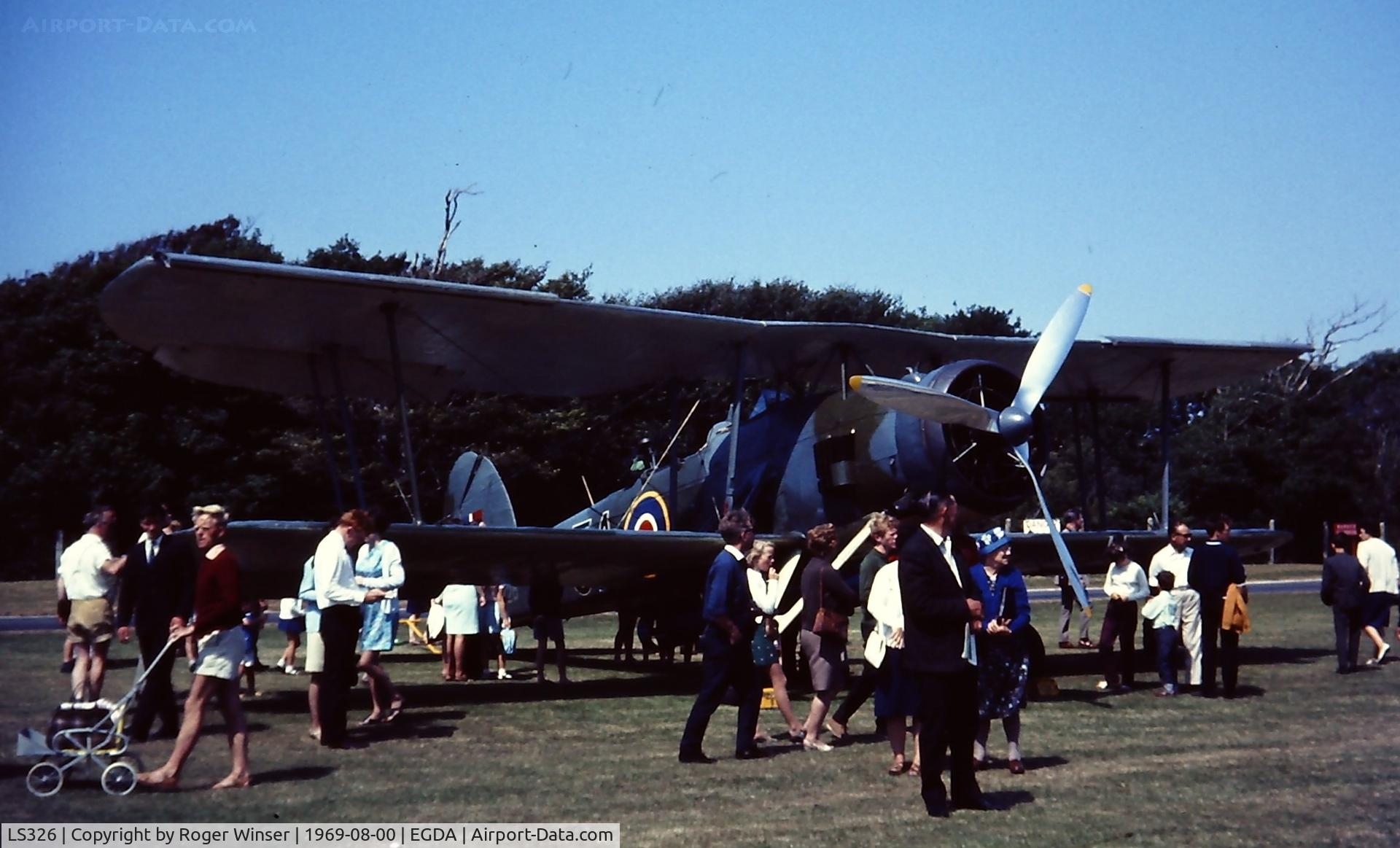 LS326, 1943 Fairey Swordfish Mk.II C/N Not found LS326, RNHF Swordfish LS326/5A. On display at RNAS Brawdy Naval Air Day 1969, Pembrokeshire, Wales, UK. Was registered G-AJVH from 1947 to 1959.