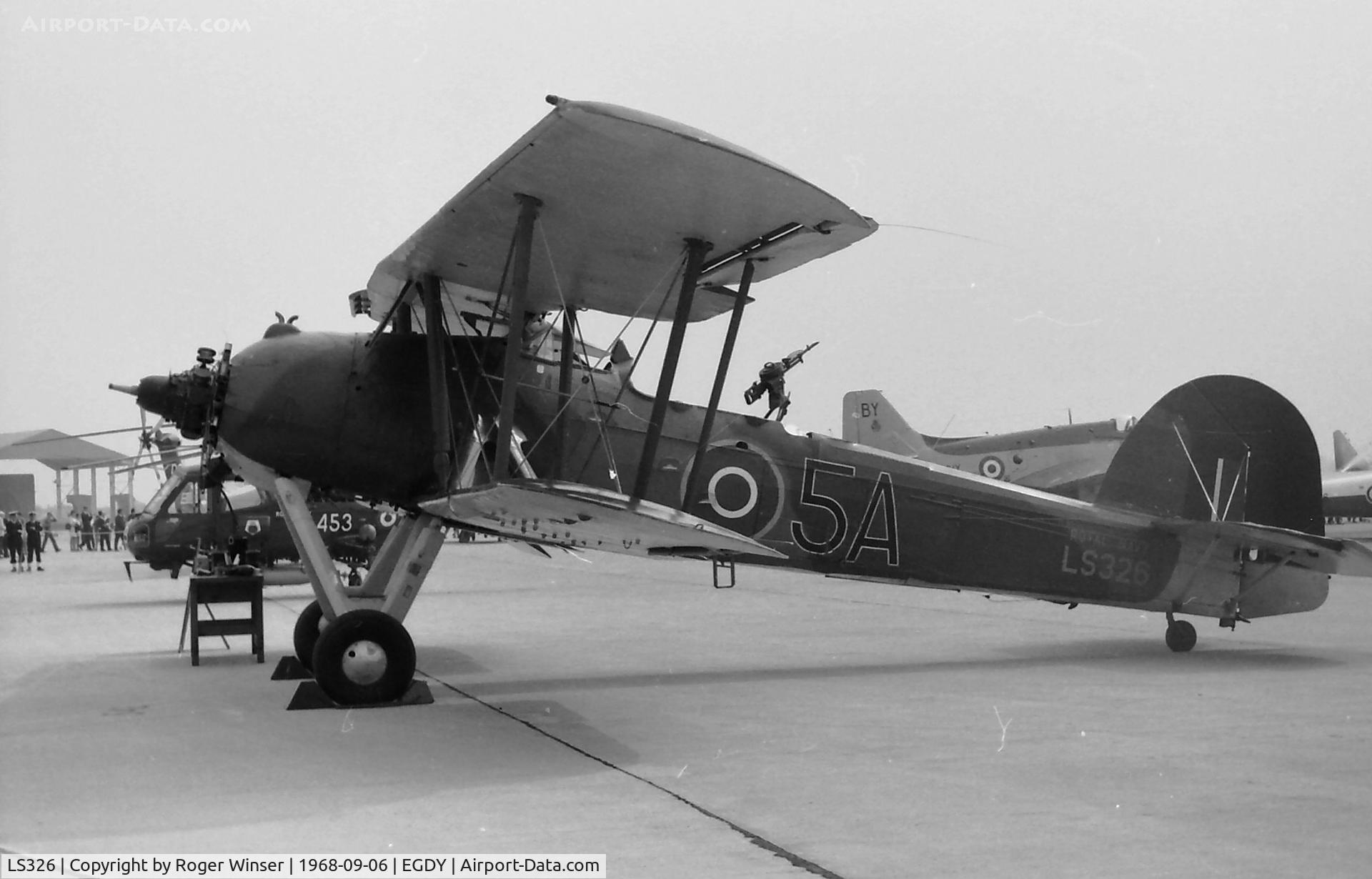 LS326, 1943 Fairey Swordfish Mk.II C/N Not found LS326, RNHF Swordfish LS326/5A at RNAS Yeovilton Naval Air Day in 1969. Registered G-AJVH from 1947 to 1959.