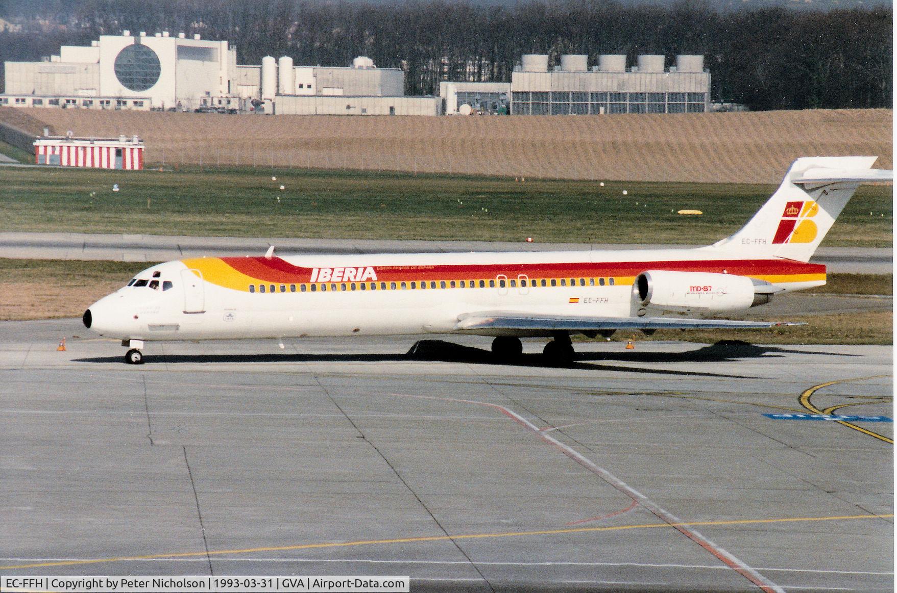 EC-FFH, 1991 McDonnell Douglas MD-87 (DC-9-87) C/N 53211, MD-87 of Iberia taxying to the terminal at Geneva in March 1993.