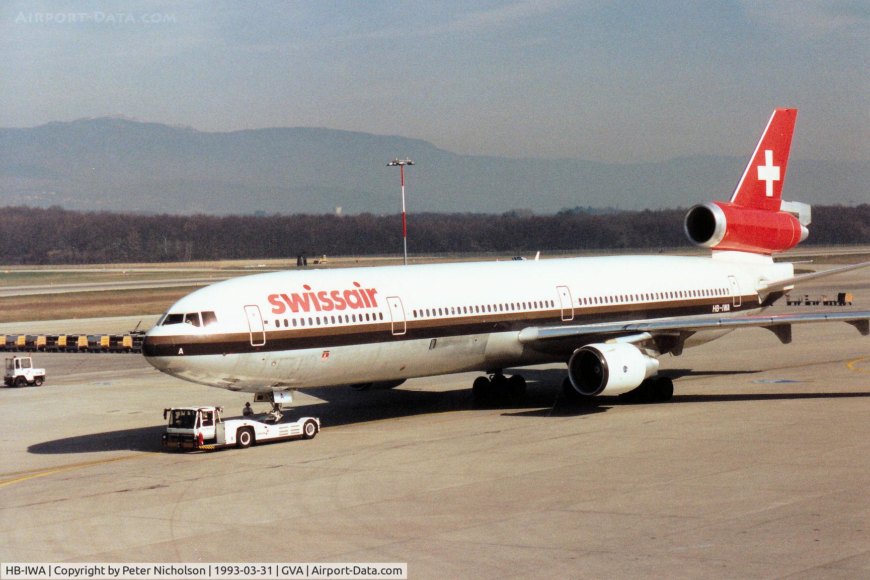 HB-IWA, 1990 McDonnell Douglas MD-11 C/N 48443, Swissair MD-11 being positioned at Geneva in March 1993.