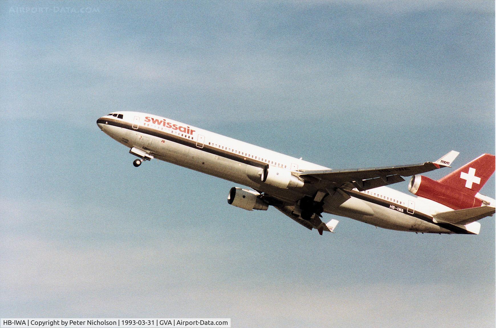 HB-IWA, 1990 McDonnell Douglas MD-11 C/N 48443, MD-11 of Swissair climbing out of Geneva in March 1993.