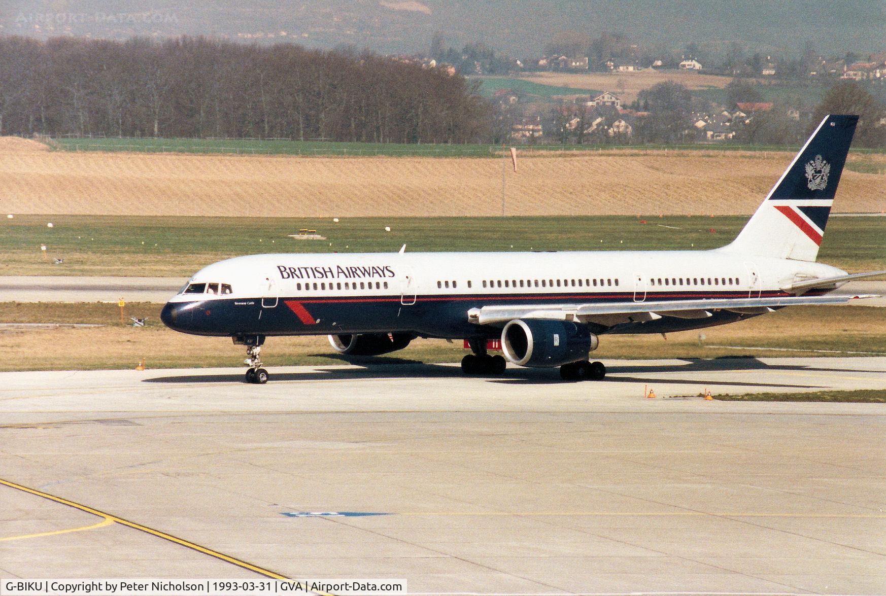 G-BIKU, 1985 Boeing 757-236 C/N 23399, Boeing 757-236 named Inveraray Castle of British Airways taxying to the terminal at Geneva in March 1993.
