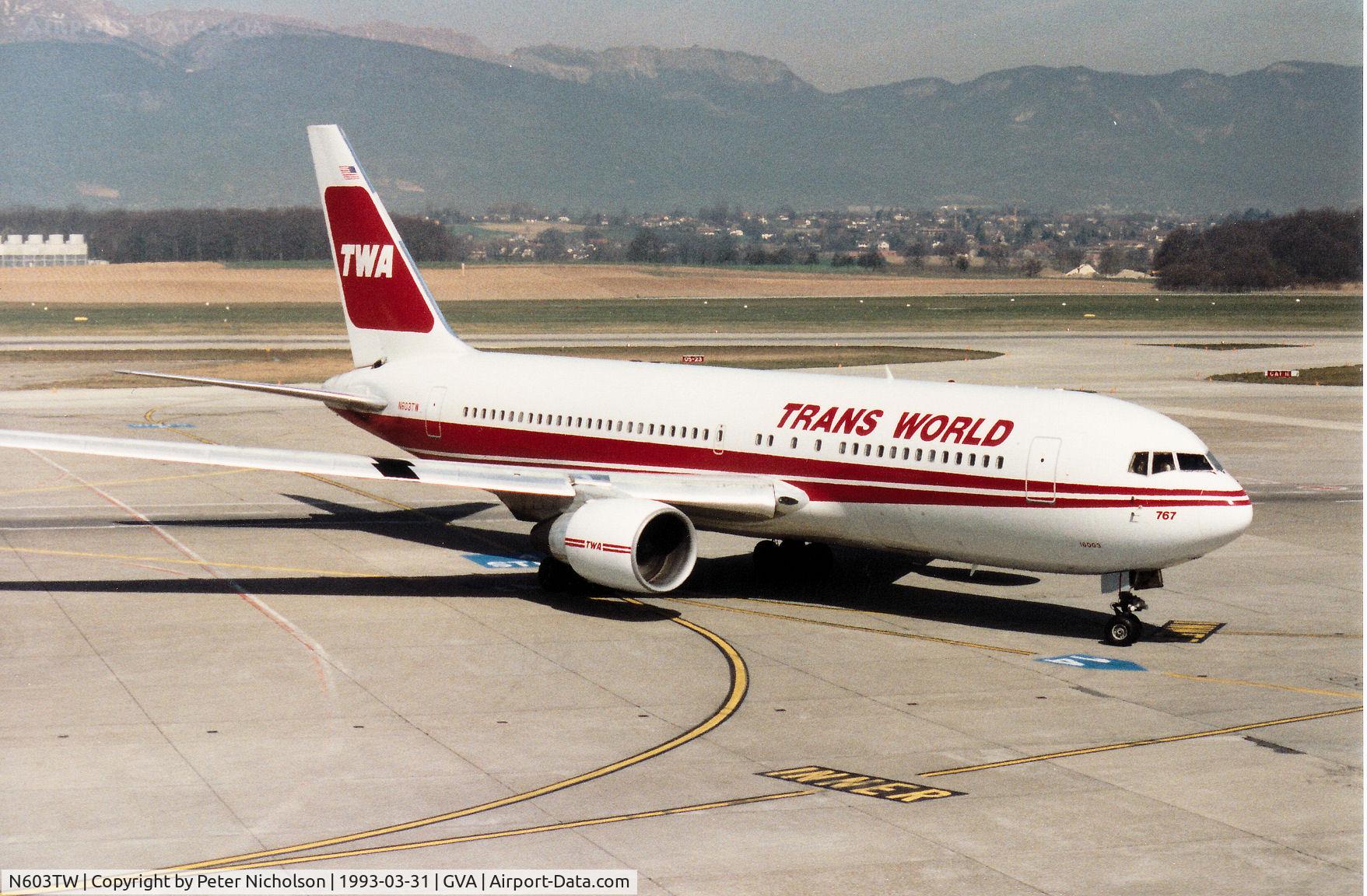 N603TW, 1982 Boeing 767-231 C/N 22566, Boeing 767-231 of Trans World Airlines arriving at Geneva in March 1993.