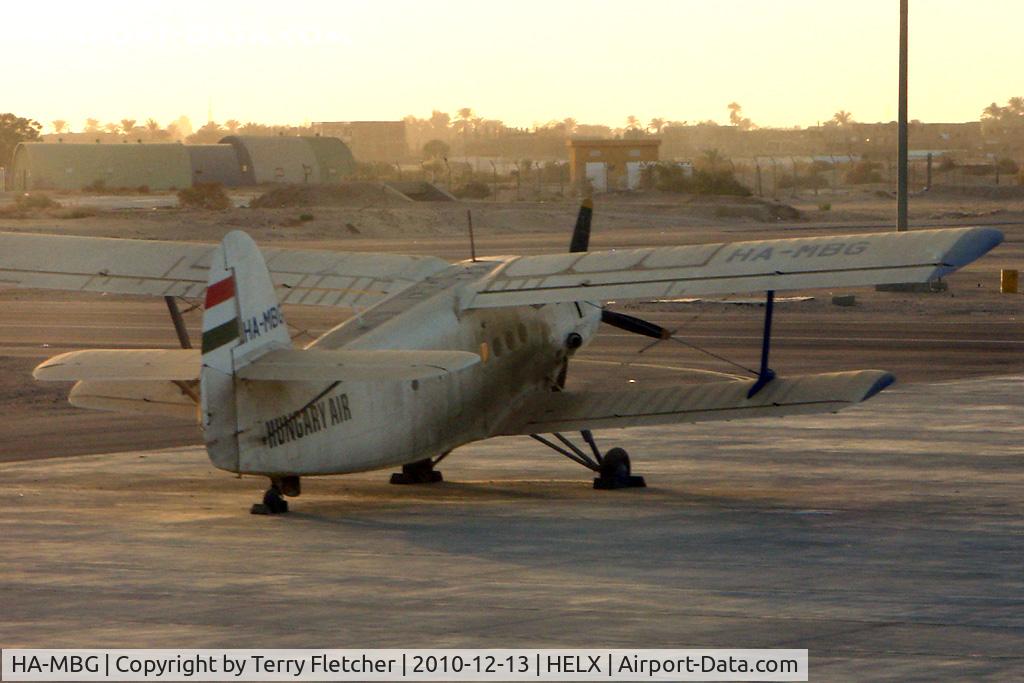 HA-MBG, Antonov An-2R C/N 1G163-29, Surprise to find this AN-2R on the Luxor Ramp - photo through plane window whilst taxying in