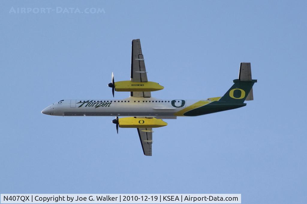 N407QX, 2001 Bombardier DHC-8-402 Dash 8 C/N 4049, Seen in the colors of the University of Oregon Ducks is this Horizon Air Q400. Aircraft replaces the CRJ that was in the same scheme.