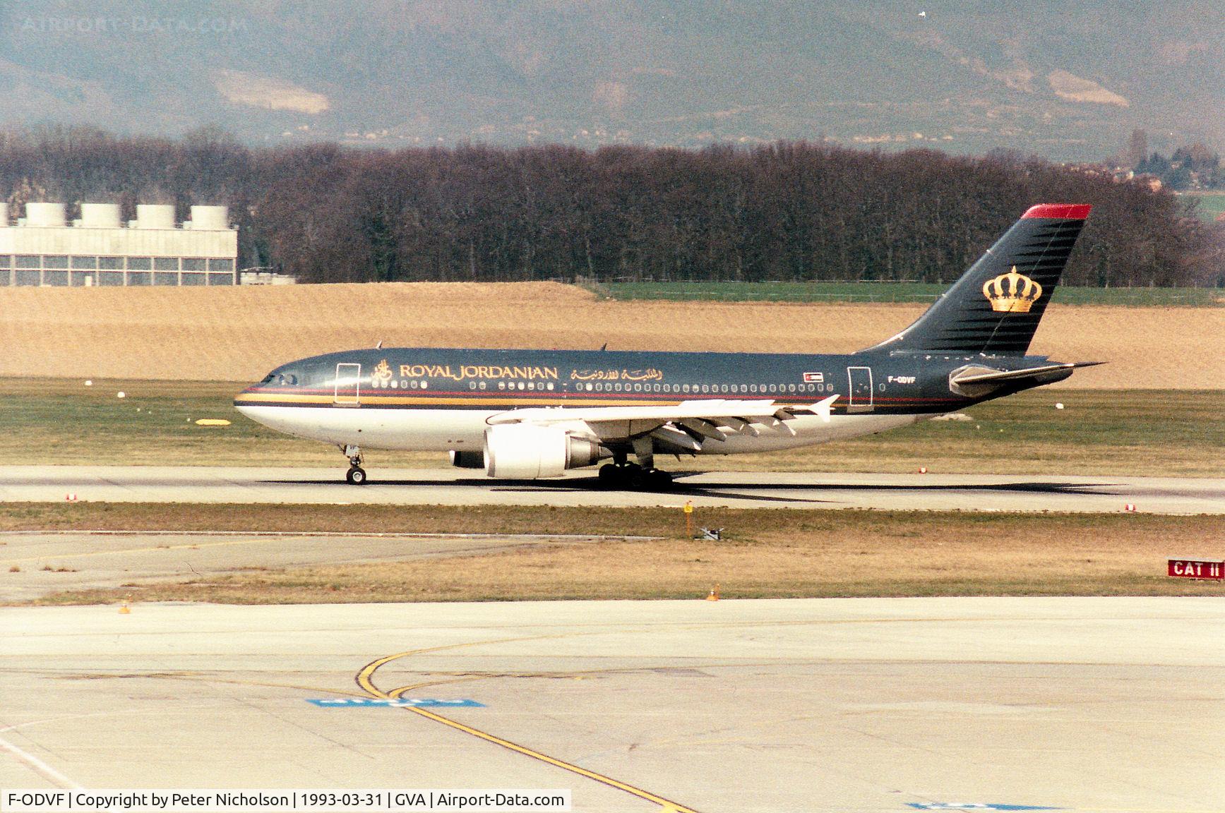 F-ODVF, 1987 Airbus A310-304F C/N 445, Airbus A310-304 of Alia Royal Jordanian Airlines arriving at Geneva in March 1993.  The fleet name later adopted was not carried at the time.
