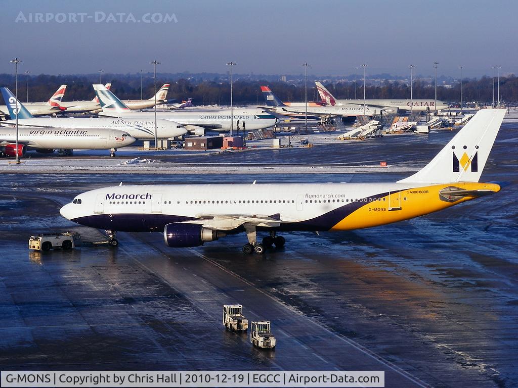 G-MONS, 1989 Airbus A300B4-605R C/N 556, Monarch A300 pushing back from its gate