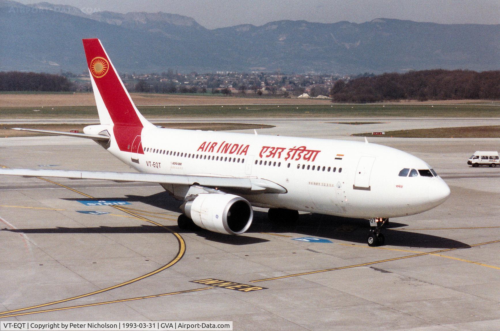 VT-EQT, 1990 Airbus A310-304 C/N 544, Airbus A310-304 named Narmada of Air India arriving at the terminal at Geneva in March 1993.
