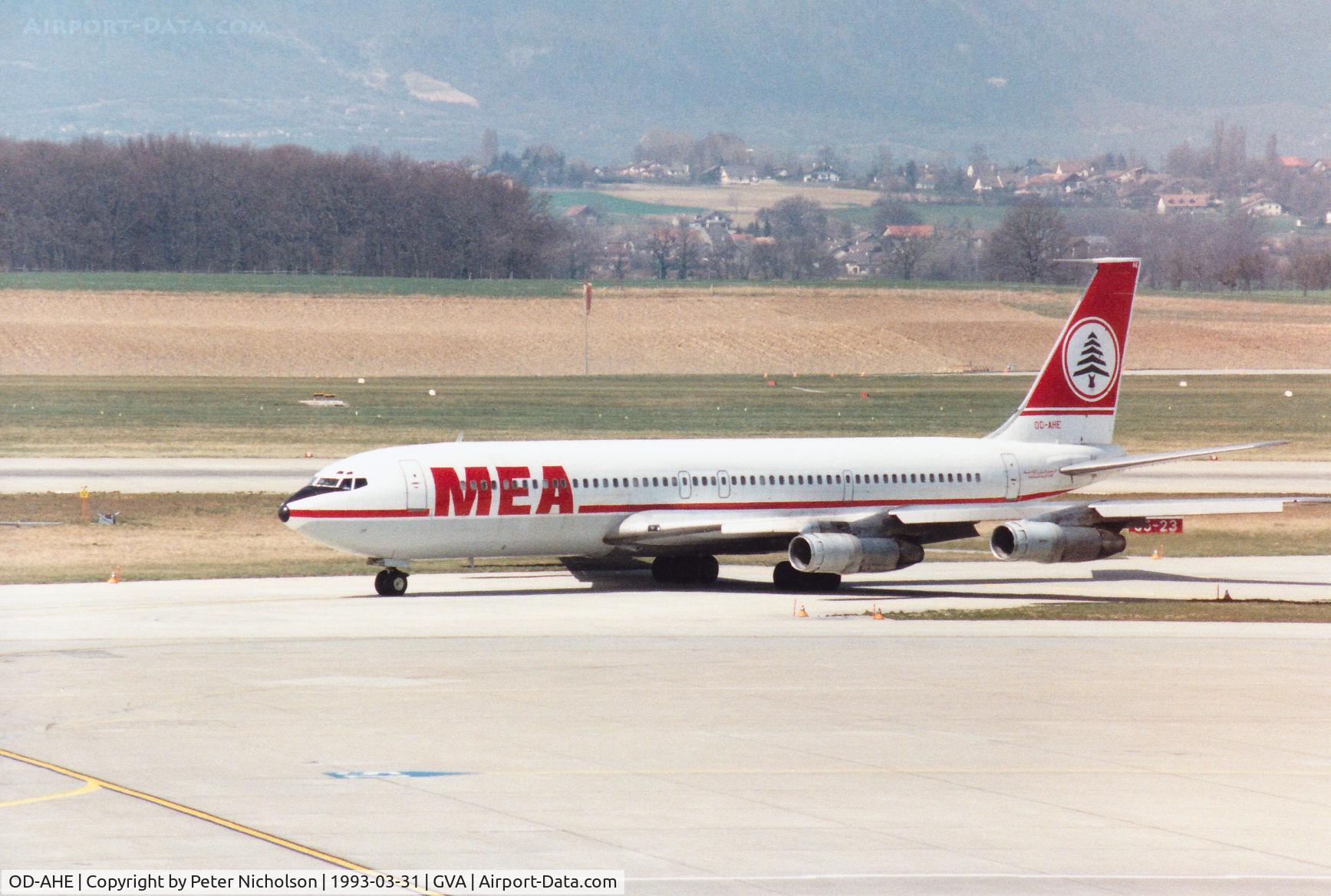 OD-AHE, 1967 Boeing 707-323C C/N 19516, Boeing 707-323C of Middle East Airlines of Lebanon arriving at Geneva in March 1993.