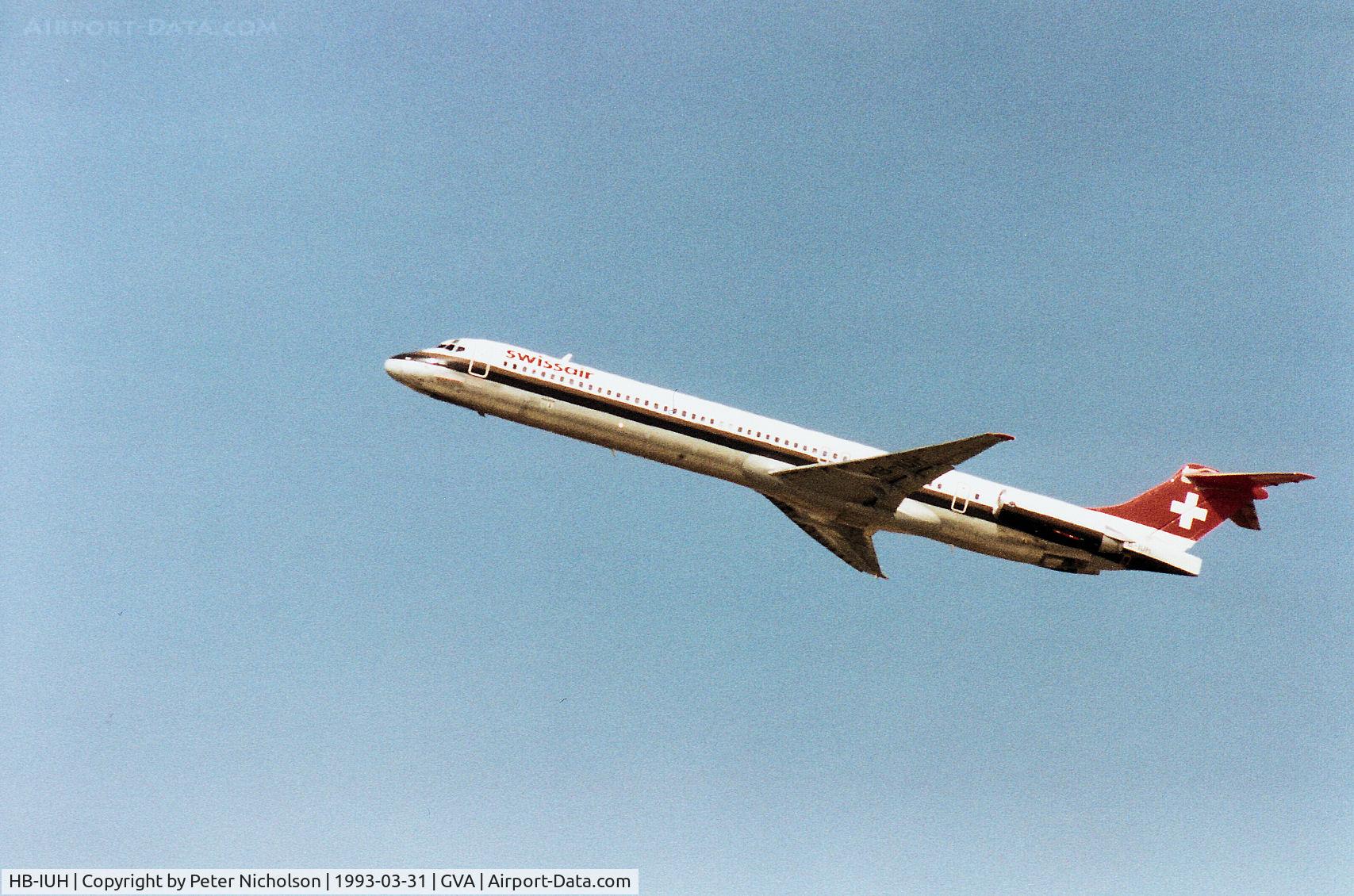 HB-IUH, 1991 McDonnell Douglas MD-83 (DC-9-83) C/N 53150, Swissair MD-83 clikmbing out of Geneva in March 1993.
