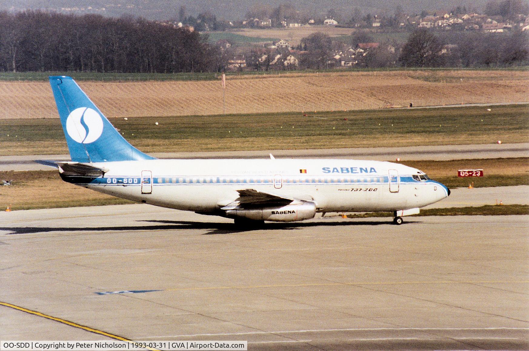 OO-SDD, 1974 Boeing 737-229 C/N 20910, Boeing 737-229 of Belgian airline Sabena heading for the active runway at Geneva in March 1993.