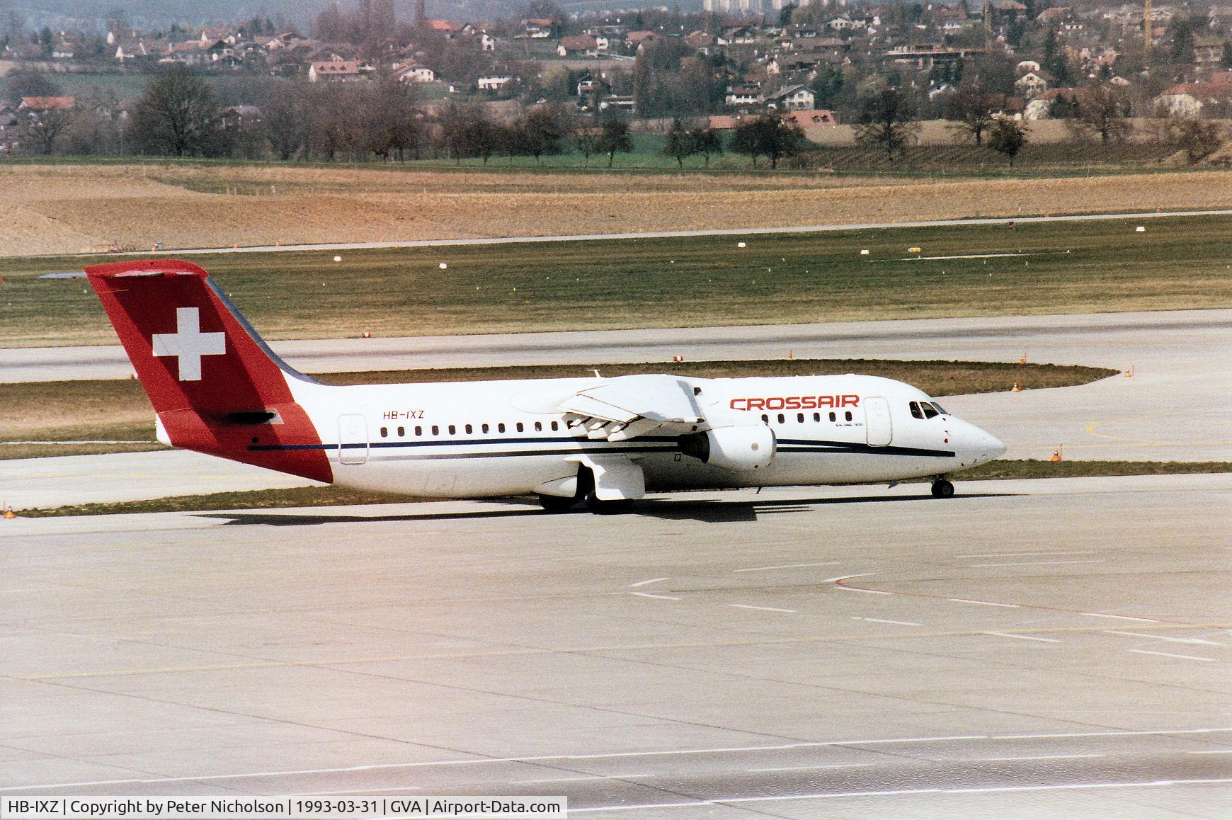 HB-IXZ, 1988 British Aerospace BAe.146-300A C/N E3118, BAe 146 of Crossair heading for the active runway  at Geneva in March 1993.