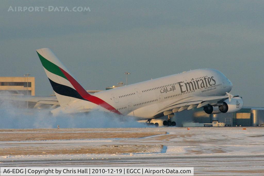 A6-EDG, 2009 Airbus A380-861 C/N 023, Emirates A380 kicking up the snow as it departs from RW05L