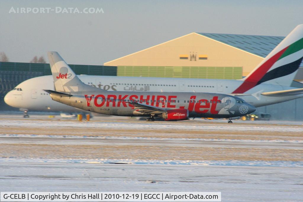 G-CELB, 1986 Boeing 737-377 C/N 23664, Jet2 B737 landing on RW05L as Emirates A380 taxies past