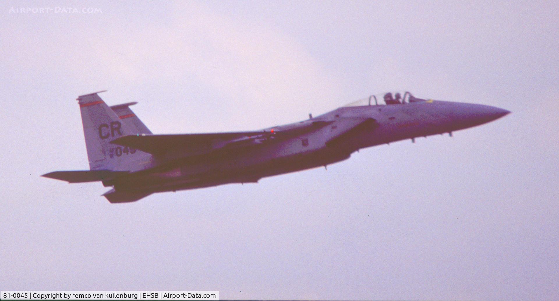 81-0045, McDonnell Douglas F-15C Eagle C/N 0796/C228, In early nineties departure from its homebase for a mission. Scanned from a slide.