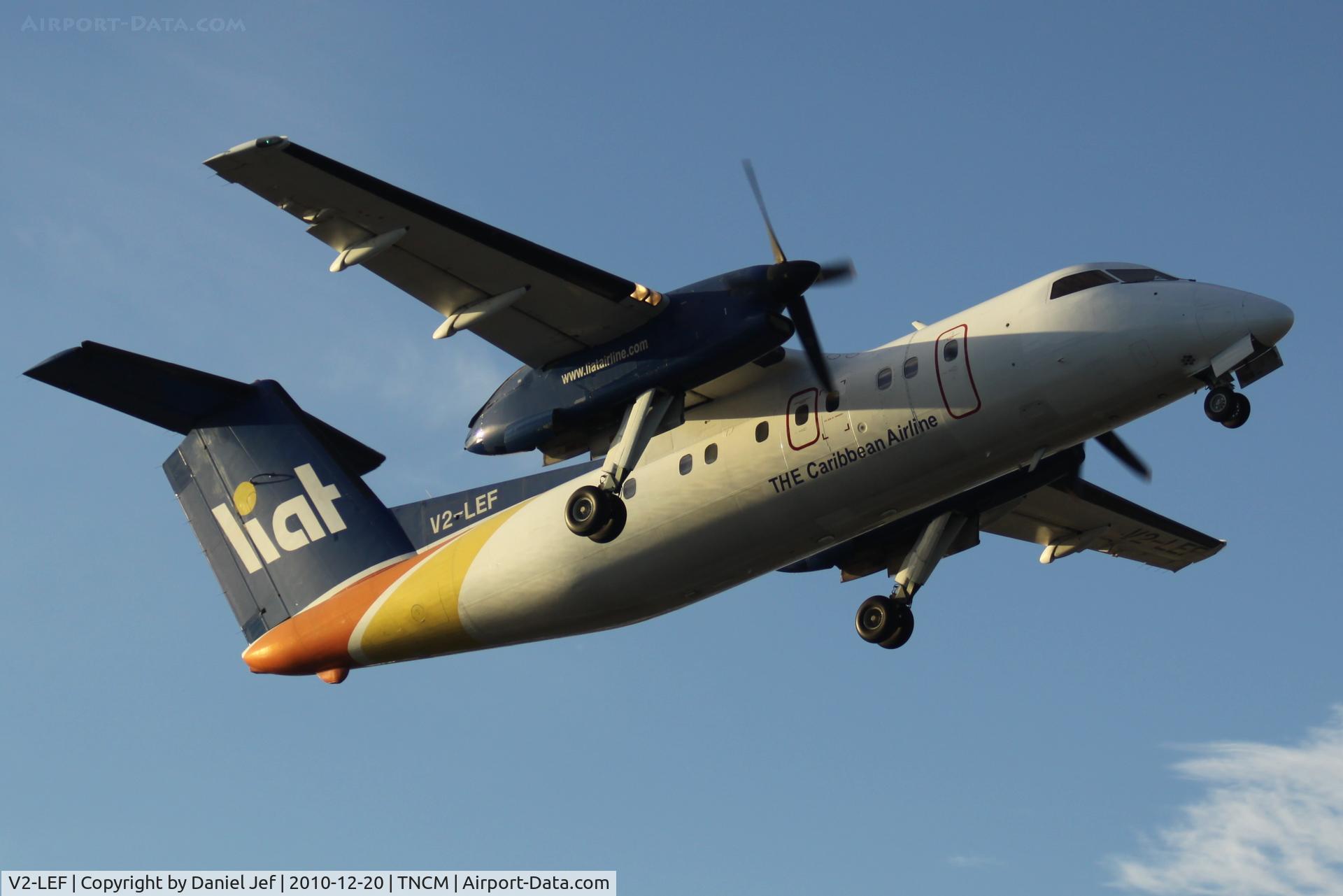 V2-LEF, 1989 De Havilland Canada DHC-8-103 Dash 8 C/N 144, liat departing TNCM
