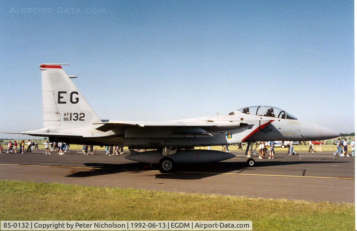85-0132, 1985 McDonnell Douglas F-15D Eagle C/N 0964/D058, F-15D Eagle, callsign Photon 43, of 60th Fighter Squadron/33rd Fighter Wing based at Eglin AFB on display at the 1992 Air Tournament International at Boscombe Down.