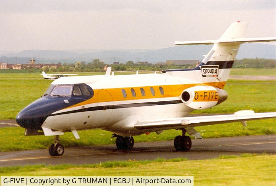 G-FIVE, 1963 Hawker Siddeley HS.125 Series 1 C/N 25004, Taxying in at its home base of Staverton in the 1980s
