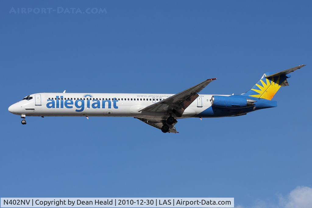 N402NV, 1989 McDonnell Douglas MD-88 C/N 49763, Allegiant Air N402NV (FLT AAY537) from Great Falls Intl (KGTF) on short final to RWY 25L.