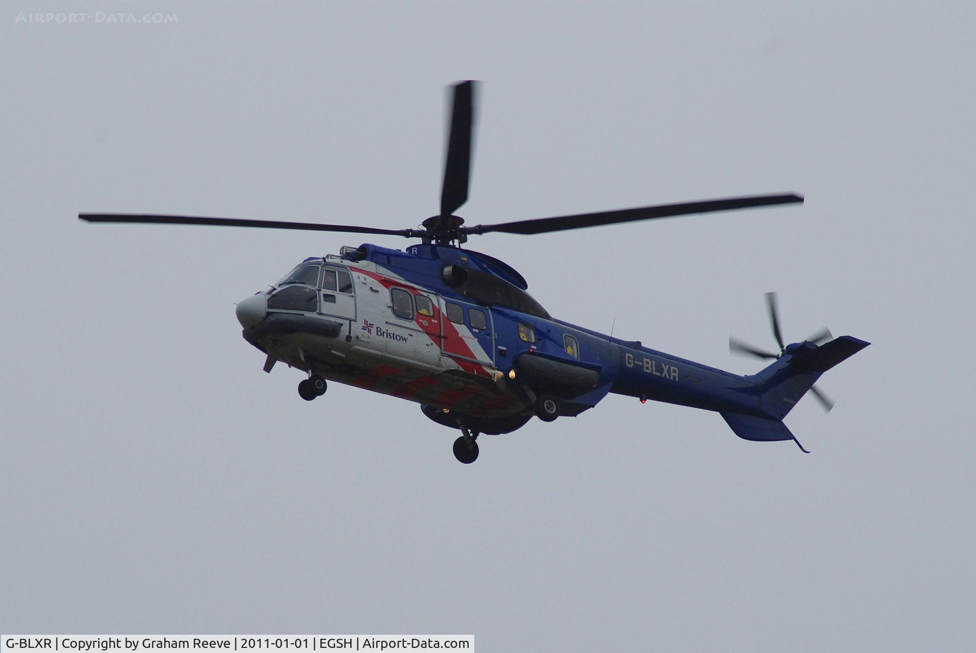 G-BLXR, 1985 Aerospatiale AS-332L Super Puma C/N 2154, Landing at Norwich.