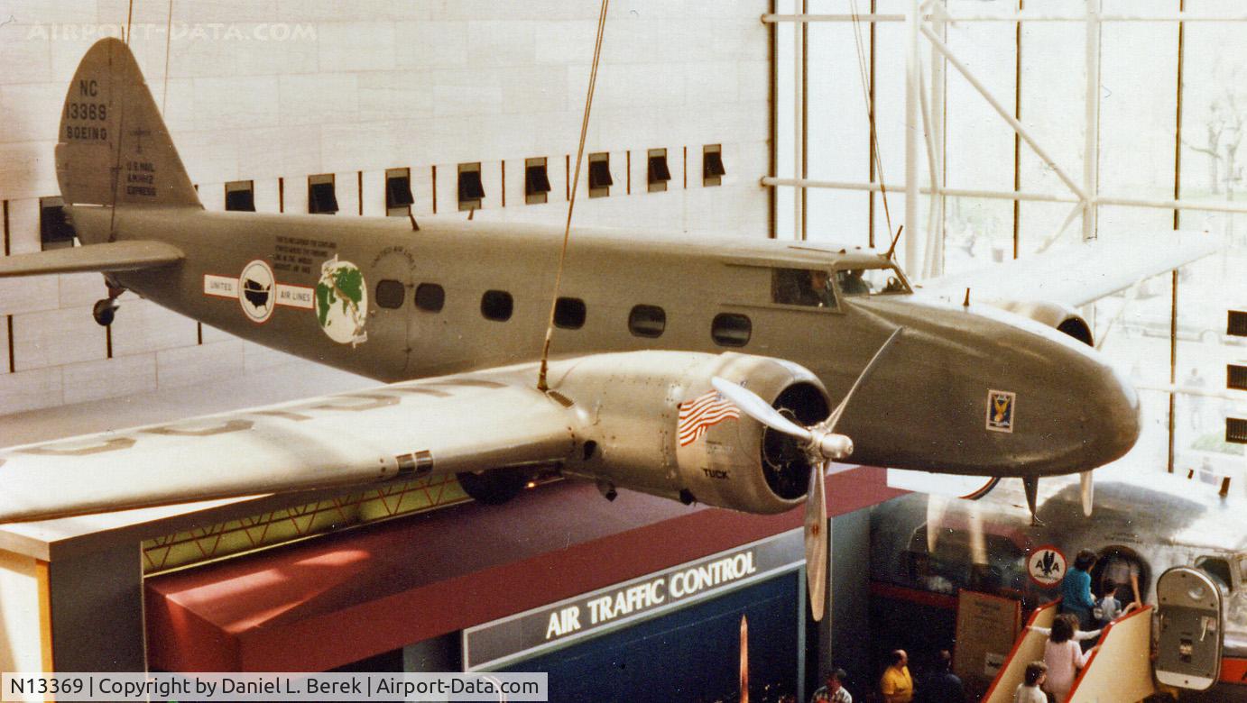 N13369, 1934 Boeing 247D C/N 1953, This Boeing 247D (c/n 1953) was built in 1934 and served with the US Civil Aeronautics Administration as N11, until 1953, when it was decomissioned and donated to the National Air and Space Museum. She has since been moved to the Udvar Hazy Center.