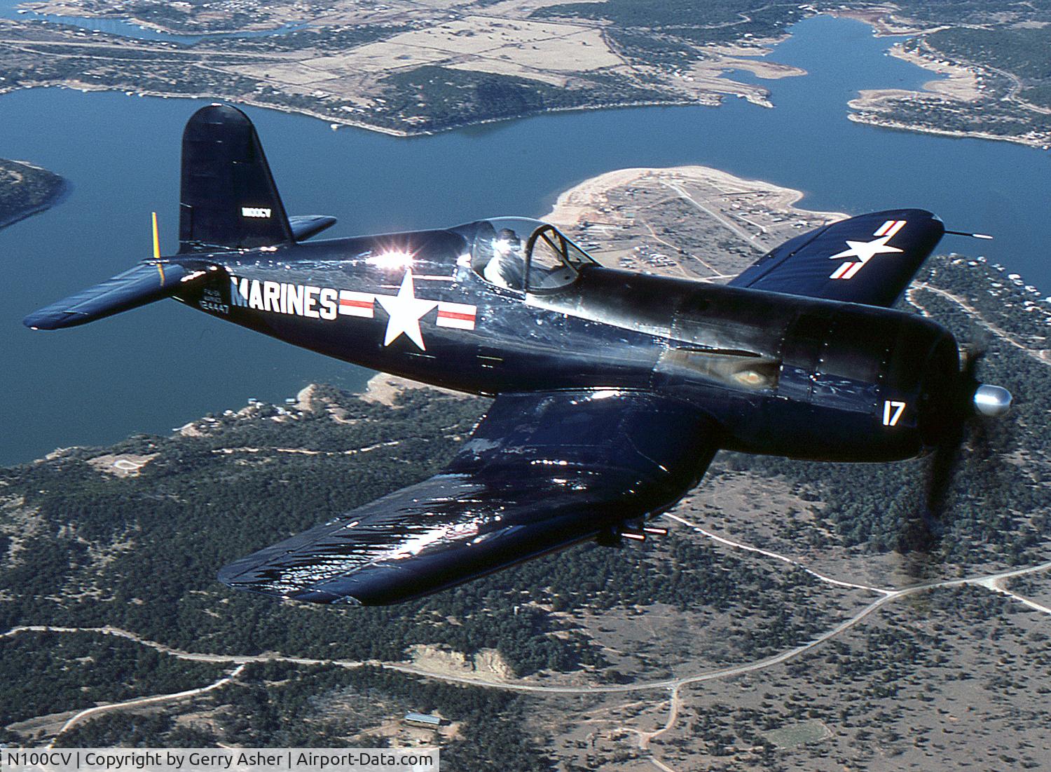 N100CV, 1948 Vought F4U-5 Corsair C/N Not found (Bu124447), Glen Hyde at the controls over Possum Kingdom Lake, TX, prior to his donation of the aircraft to the USMC museum network. Aircraft is now on static display at the Liberal Air Museum, Liberal KS.