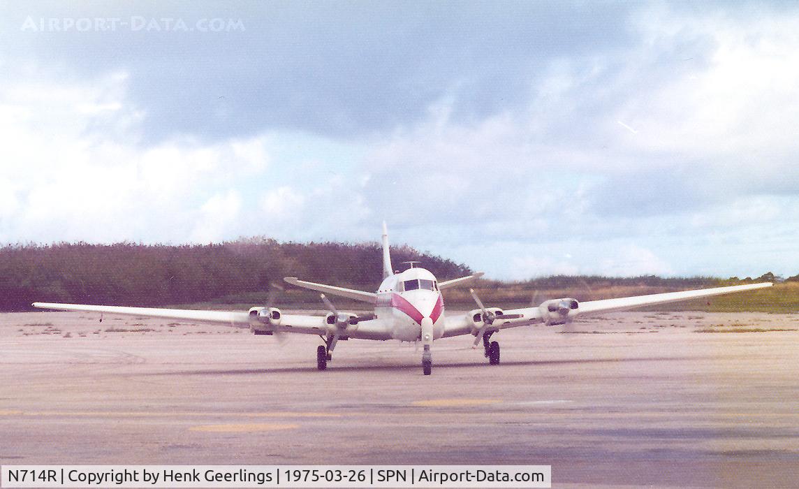 N714R, 1954 Riley Turbo Skyliner (DH-114) C/N 14110, Air Pacific Int'l , arvl at Saipan , Mar '75