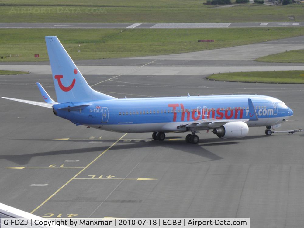 G-FDZJ, 2007 Boeing 737-8K5 C/N 34690, Thomsonfly B737 G-FDZJ pushes back from stand at BHX